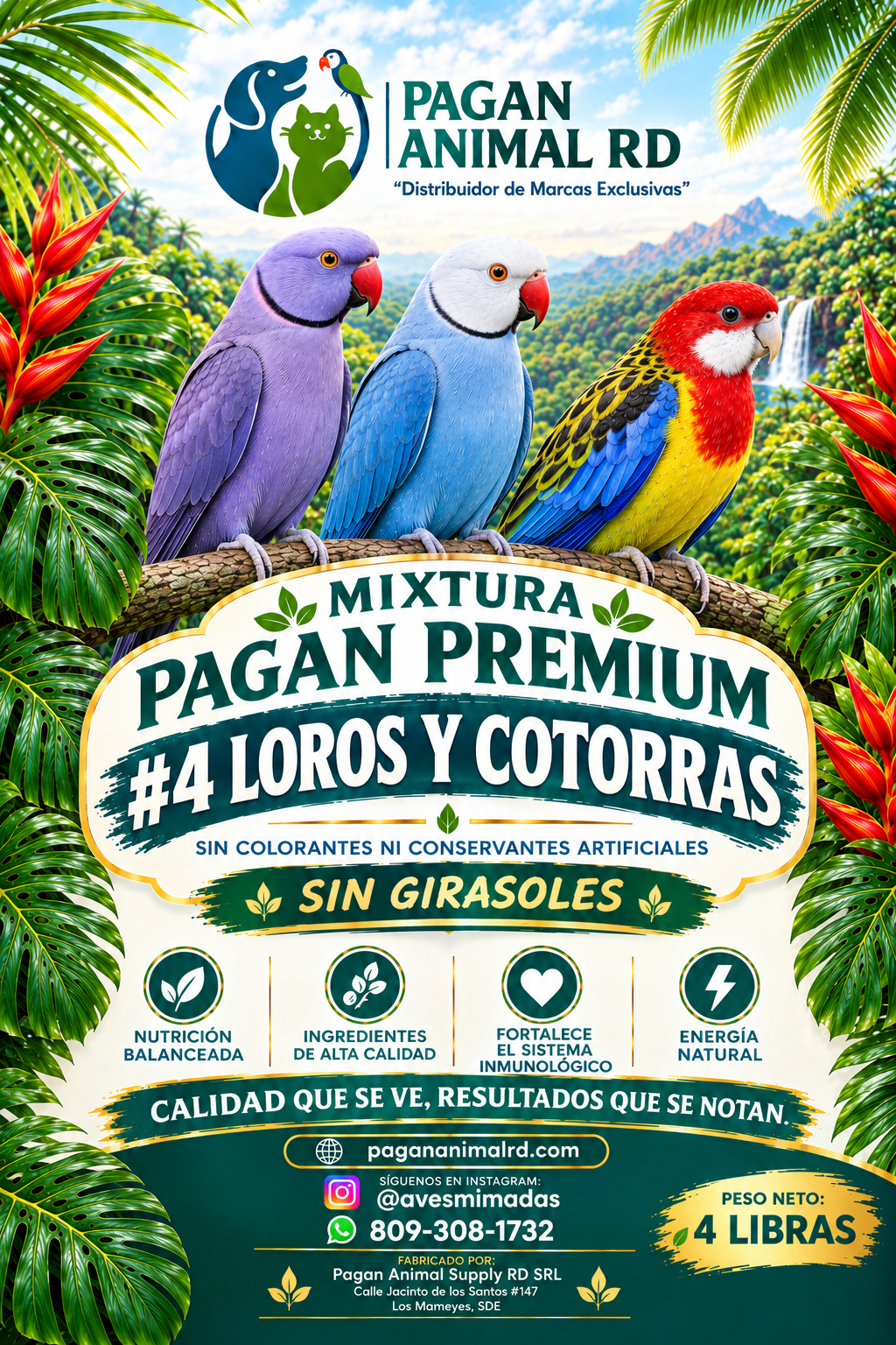 MIXTURA DE SEMILLAS PAGAN PREMIUM #4 LOROS Y COTORRAS SIN GIRASOLES 4 LIBRAS
