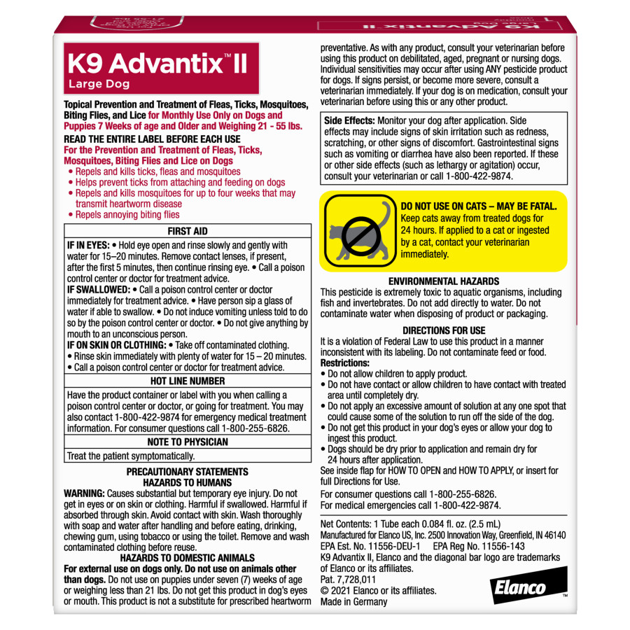 TRATAMIENTO Y PREVENCION CONTRA PULGAS, GARRAPATAS Y MOSQUITOS PARA PERROS ELANCO K9 ADVANTIX LG 21-55 LBS - Imagen 2