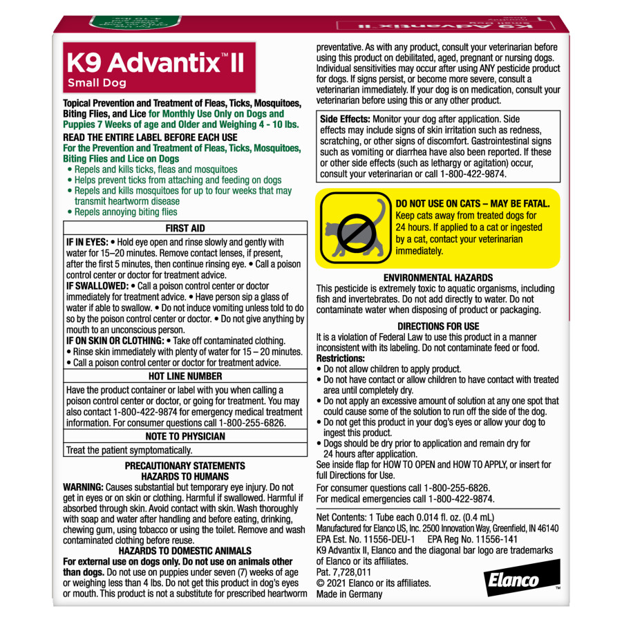 TRATAMIENTO Y PREVENCION CONTRA PULGAS, GARRAPATAS Y MOSQUITOS PARA PERROS ELANCO K9 ADVANTIX SMALL 4-10 LBS - Imagen 2