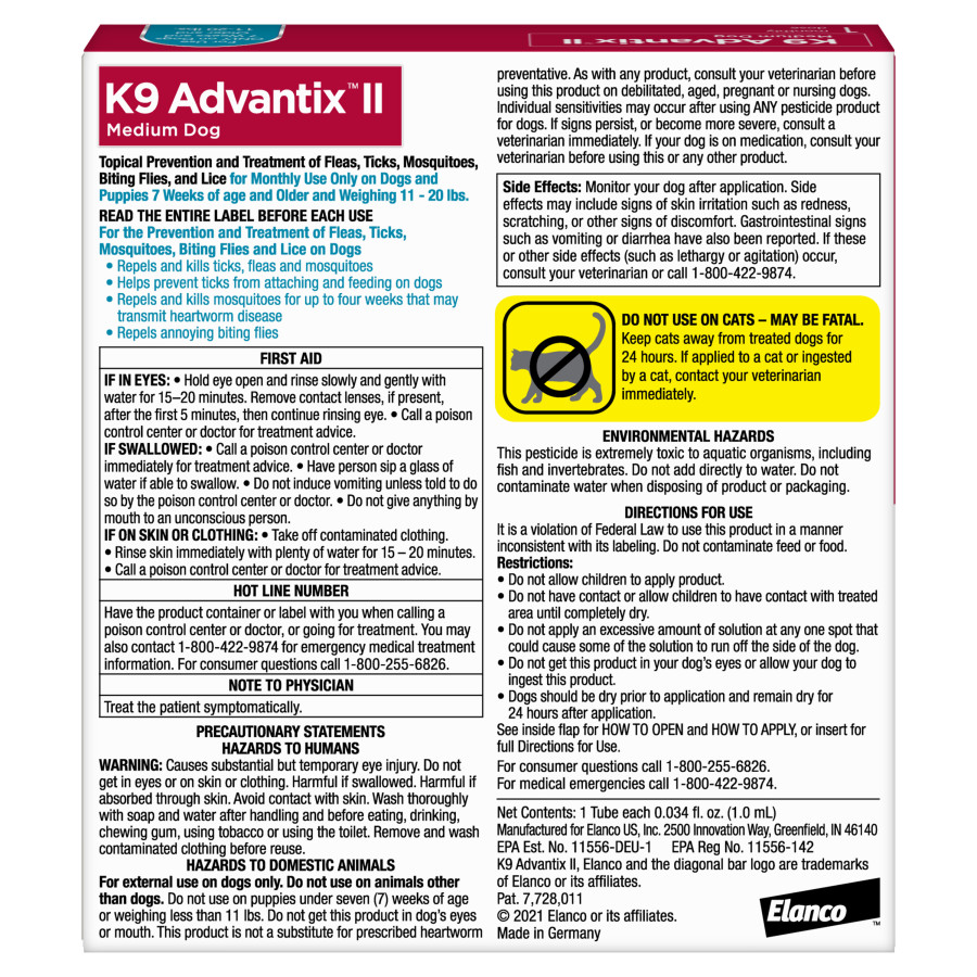 TRATAMIENTO Y PREVENCION CONTRA PULGAS, GARRAPATAS Y MOSQUITOS PARA PERROS ELANCO K9 ADVANTIX MED 11-20 LBS - Imagen 2